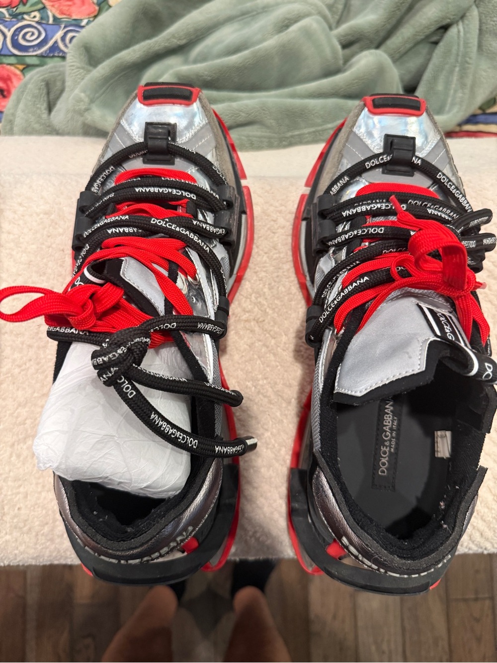 Dolce & Gabbana Silver, Red & Black Logo-Striped Chunky Sneakers